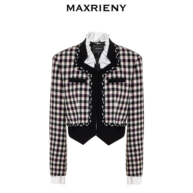 MAXRIENY【商场同款】花火宫廷外套羊毛混纺格纹2025春款上衣外搭女