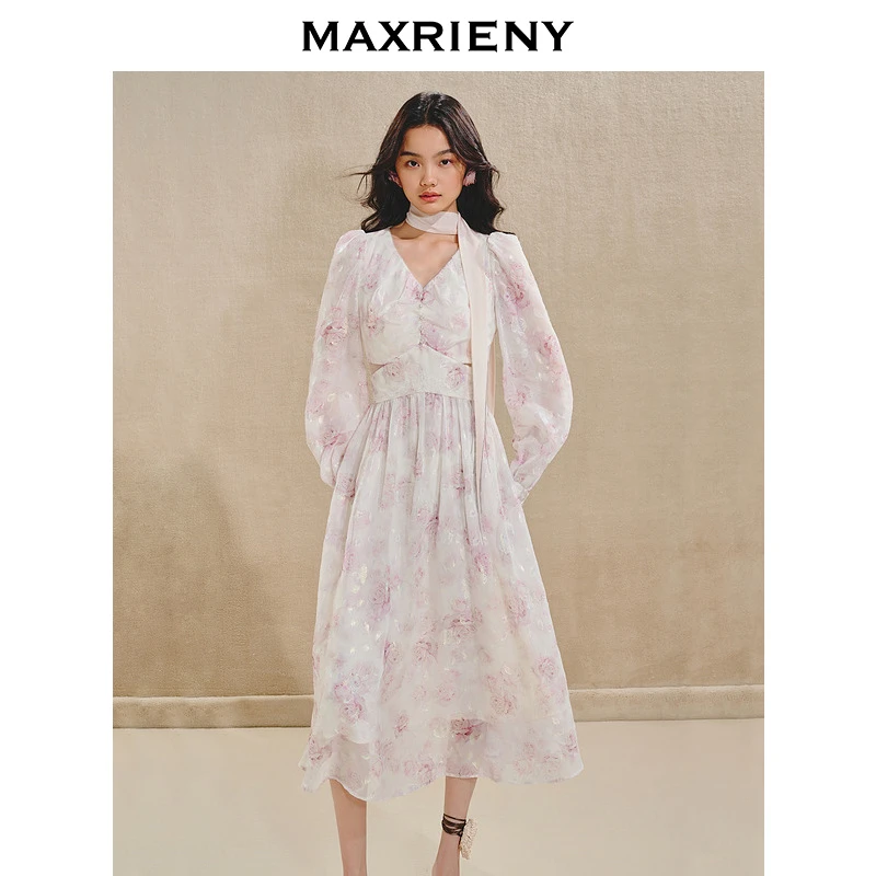 MAXRIENY浪漫复古氛围感连衣裙2025新款春季玫瑰印花长裙v领收腰