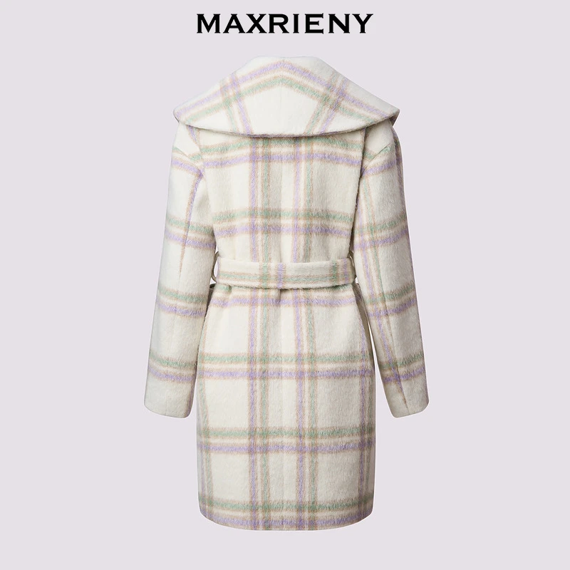 MAXRIENY极简大衣紫格纹大翻领设计24冬新款高级简约外套女中长款