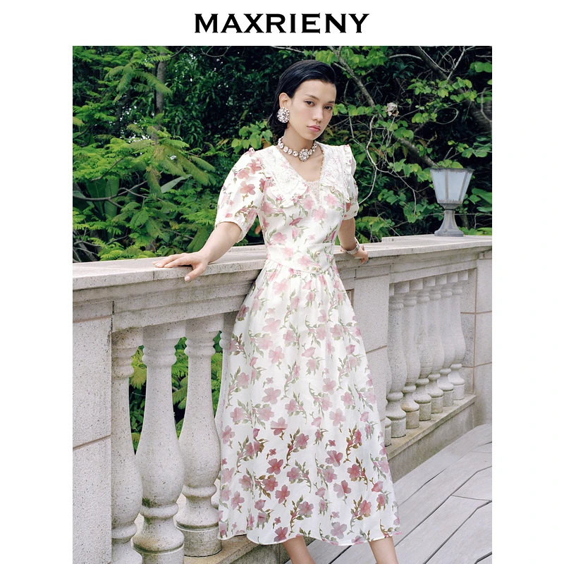 MAXRIENY夏季碎花a字连衣裙彼得潘浪漫束腰设计森林法式浪漫