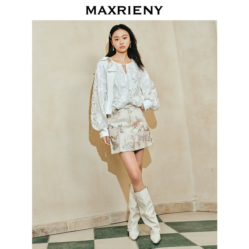 MAXRIENY【商场同款-宫廷飞鸽】复古宫廷蕾丝镂空蝴蝶结上衣衬衫