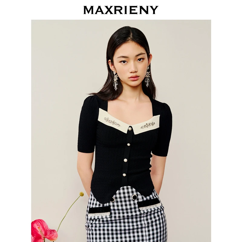MAXRIENY夏季新品百搭款显瘦方领撞色开叉气质针织短袖毛衫