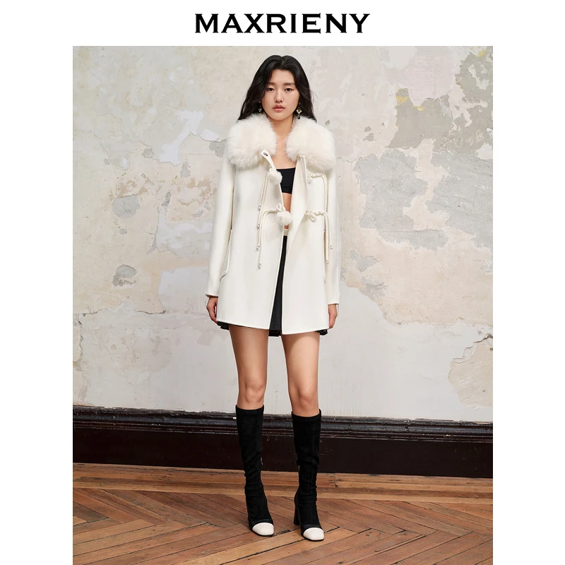 MAXRIENY【商场同款】雪绒之星新中式大衣冬款奶白色双面呢羊毛外套