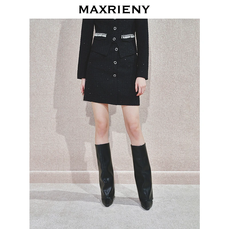 MAXRIENY秋冬小香风黑色高腰半身裙时尚显瘦秋季粗花呢短裙