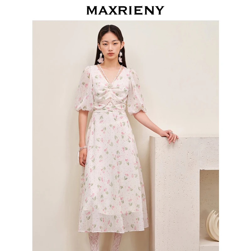 MAXRIENY显瘦法式百搭气质新款欧式园艺风连衣裙复古碎花长裙