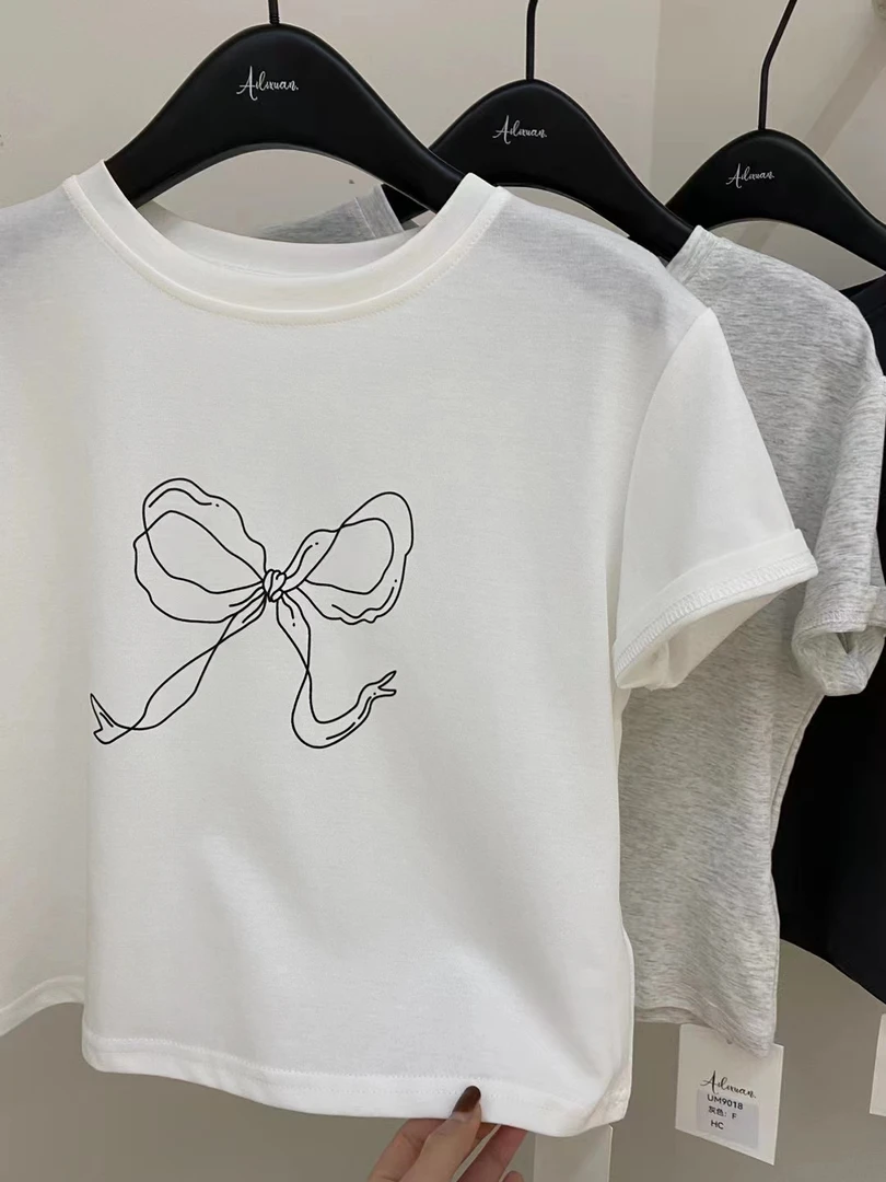 韩系简约白色甜美蝴蝶结T恤