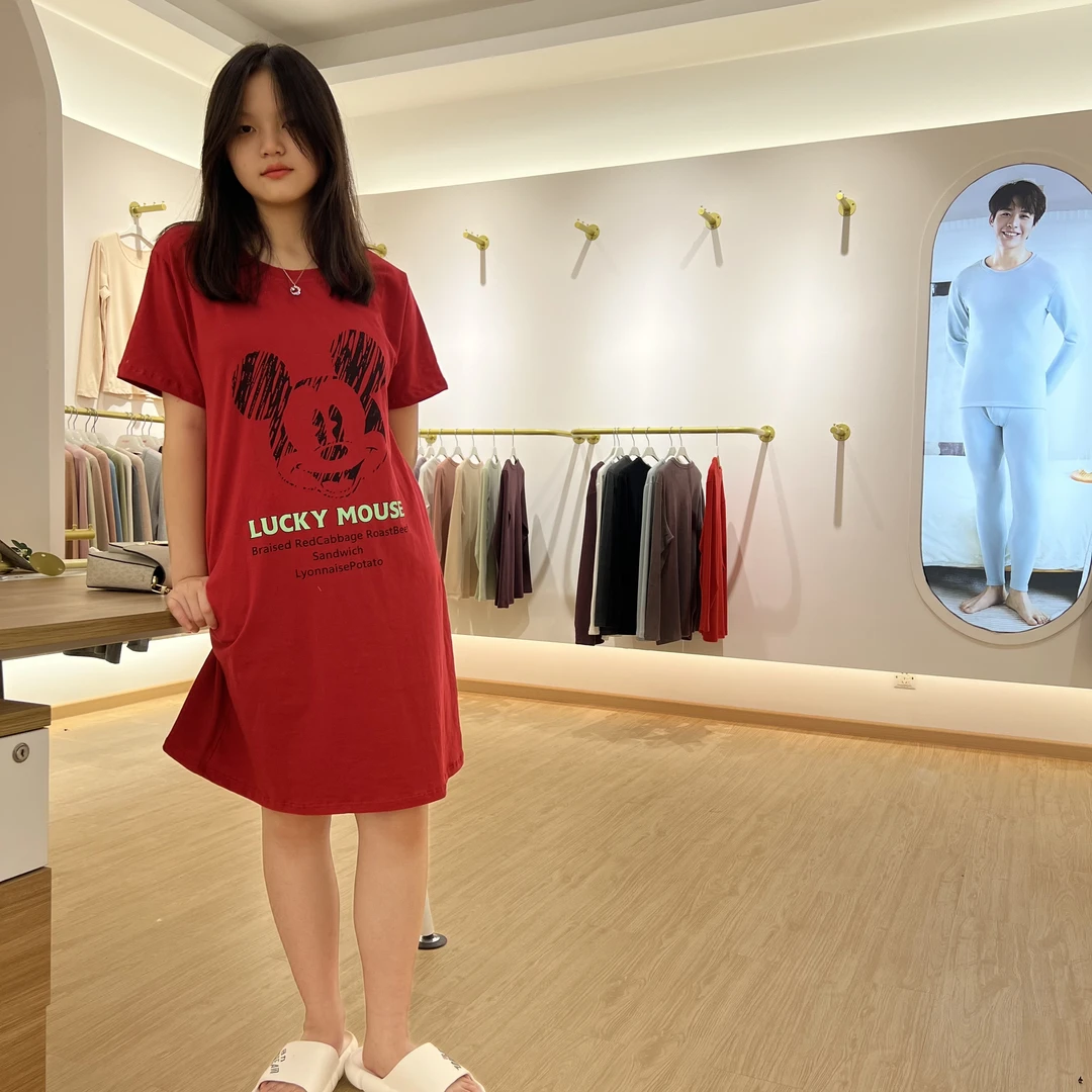 时尚休闲睡裙女夏季韩版宽松印花圆领卡通裙大码显瘦百搭女士