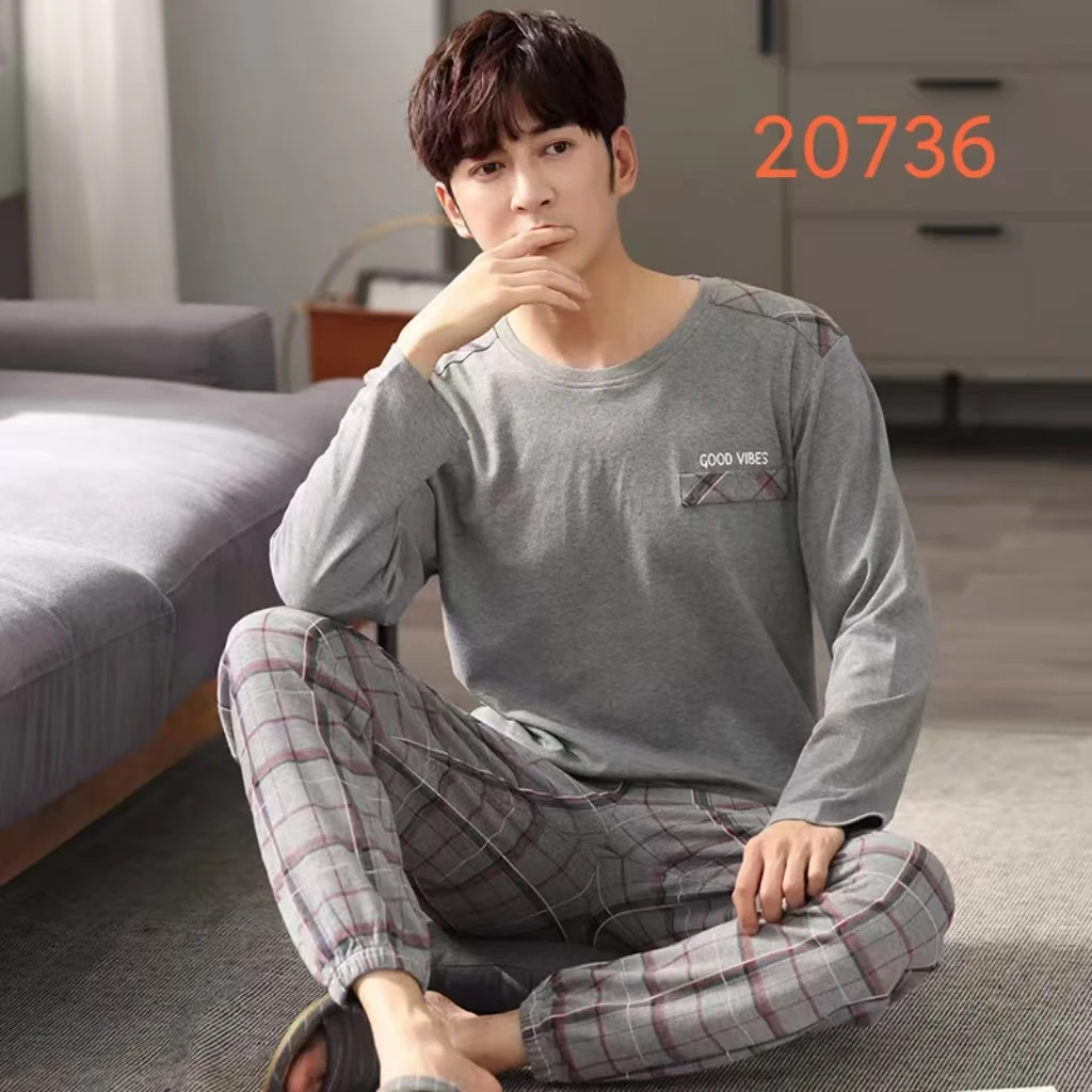 男士家居服100棉长袖长裤套装秋冬套装大码休闲宽松版型套装