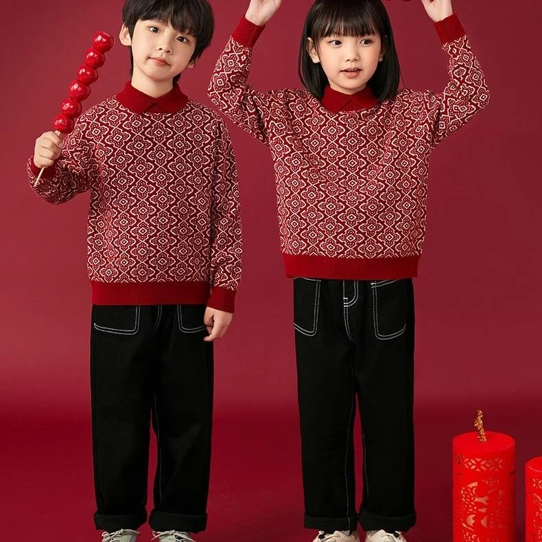 哆哆童装儿童新年毛衣秋冬童装针织羊毛衫本命年复古男女童大红毛