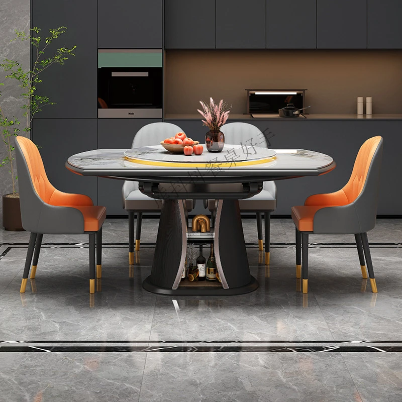 高俯潭轻奢岩板餐桌可伸缩方圆储物桌电磁炉餐桌智能家居折叠餐桌