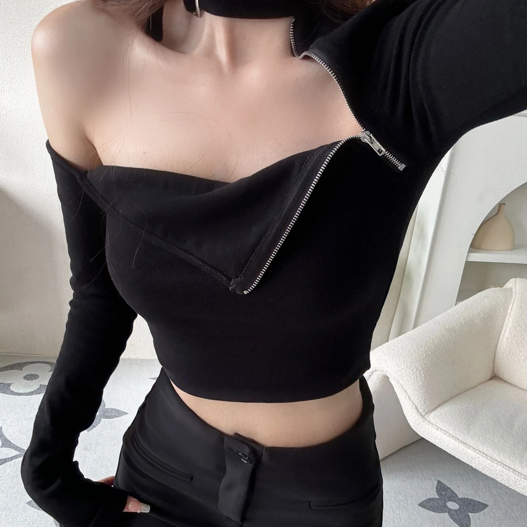 夏季黑色性感短款修身辣妹上衣女挂脖露肩T恤镂空拉链长袖气质