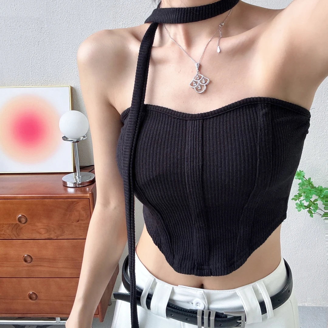 不规则挂脖纯色短款背心女韩版百搭抹胸打底上衣夏季性感辣妹吊带