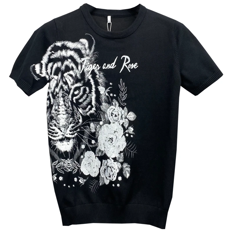 虎年半袖针织男士打底衫老虎胶印花短袖毛衫圆领休闲黑白大码毛衣