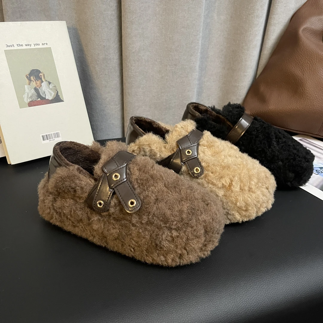 乐福鞋女2023年秋冬季新款百搭厚底保暖勃肯鞋网红爆款时尚毛毛鞋