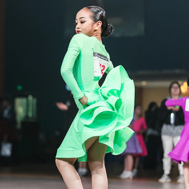 wms2023新款黑池欧标拉丁舞比赛服服女儿童标准规定服长袖演出服