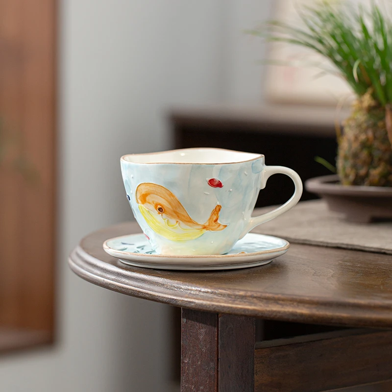 中式手绘手工鲸鱼立体纹咖啡杯陶瓷釉下彩茶杯异形花朵杯