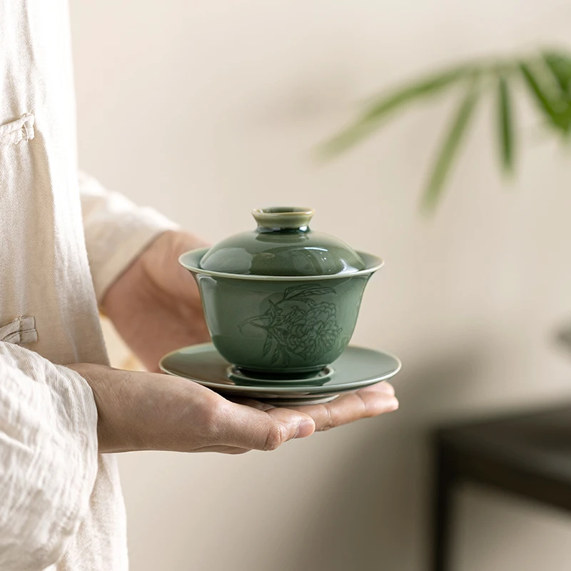 越青折枝盖碗青瓷陶瓷防烫茶碗小盖碗墨绿色釉复古中式茶道
