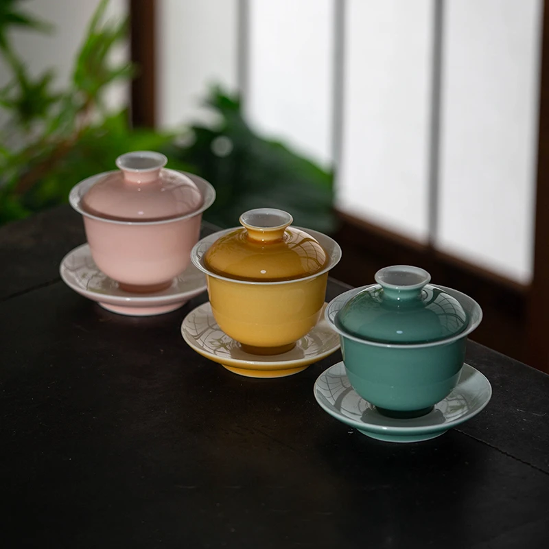 沉香三才盖碗色釉陶瓷防烫单个大号泡茶盖碗家用功夫茶具