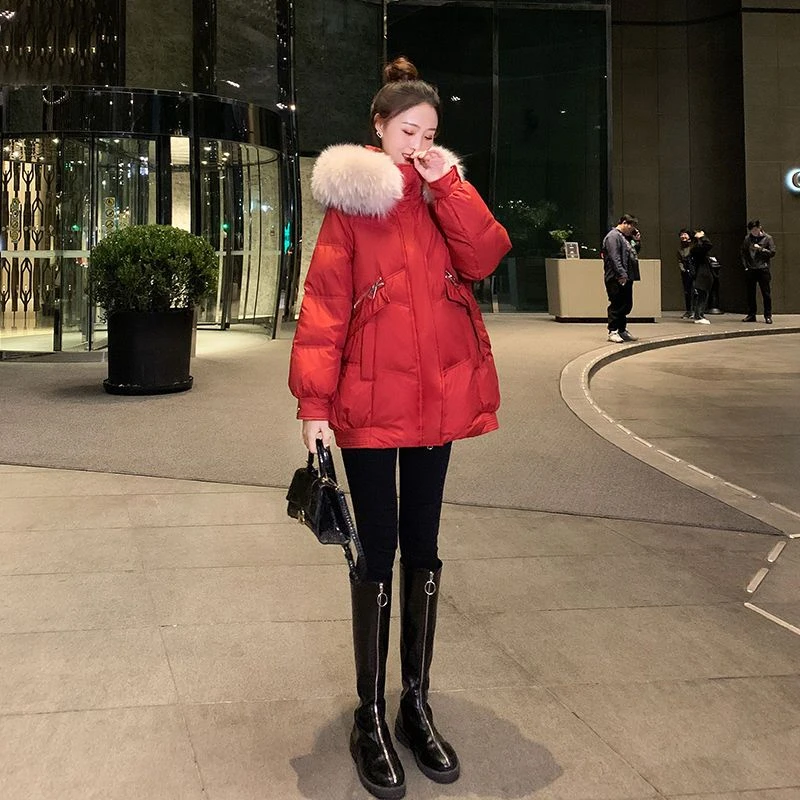 冬季红色羽绒服女冬中长款时尚棉衣洋气爆款小个子棉袄加厚韩版外