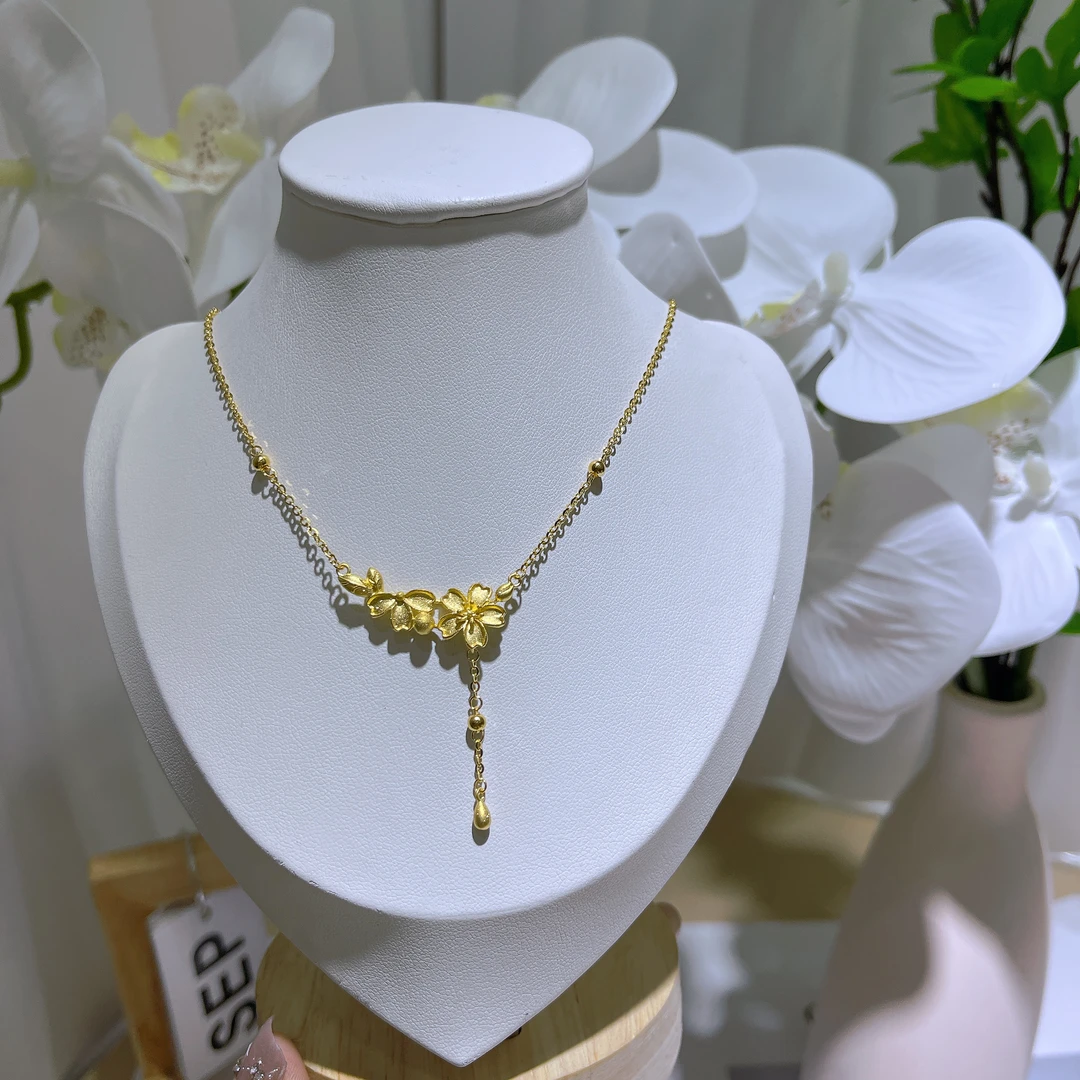 5G工艺足金999精致花半桃花流苏套链