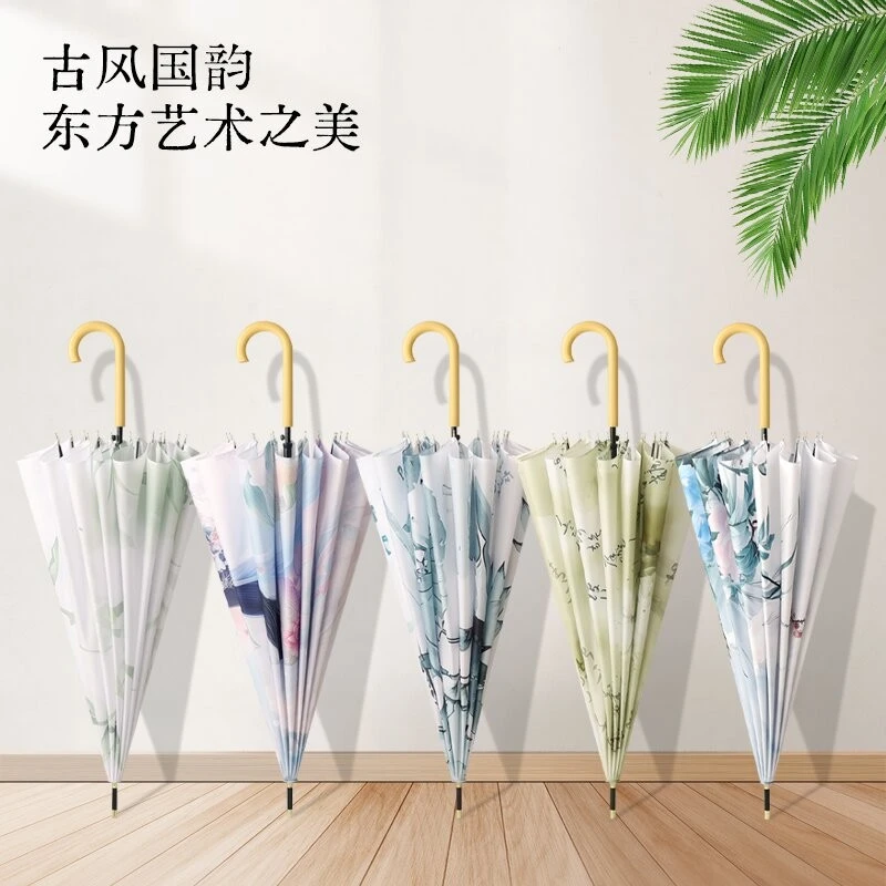 16骨国风长柄木弯柄复古伞防风抗风两用数码印花可印logo批发定制