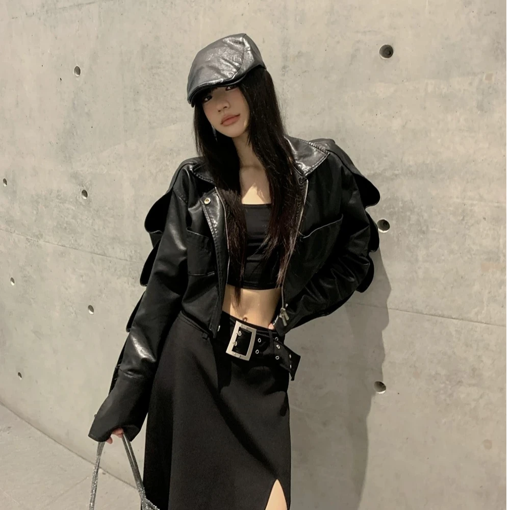 美式黑色皮衣外套女春秋季2025新款高级感翻领机车服夹克短款上衣