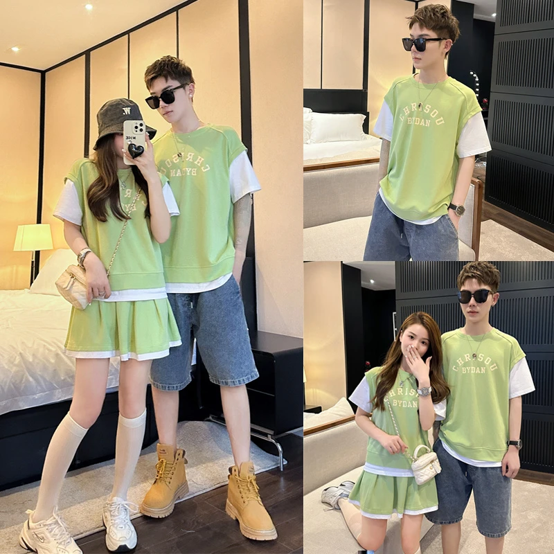 ins亲子装夏季洋气一家三口三亚度假母女短袖T恤半身裙两件套夏装