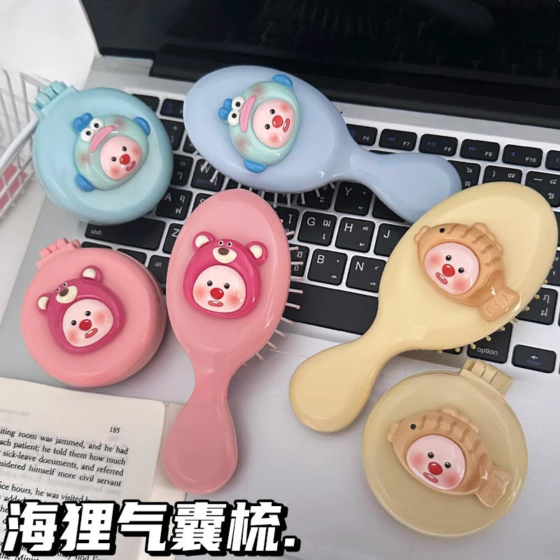 新款可爱变装海狸小气囊梳便携二合一折叠镜梳气垫梳卡通梳子女孩