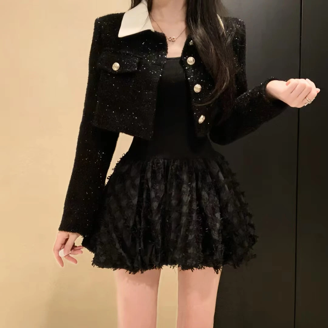 IQCQ法式小香风新款高级感流苏百搭外套黑色收腰蓬蓬裙名媛套装