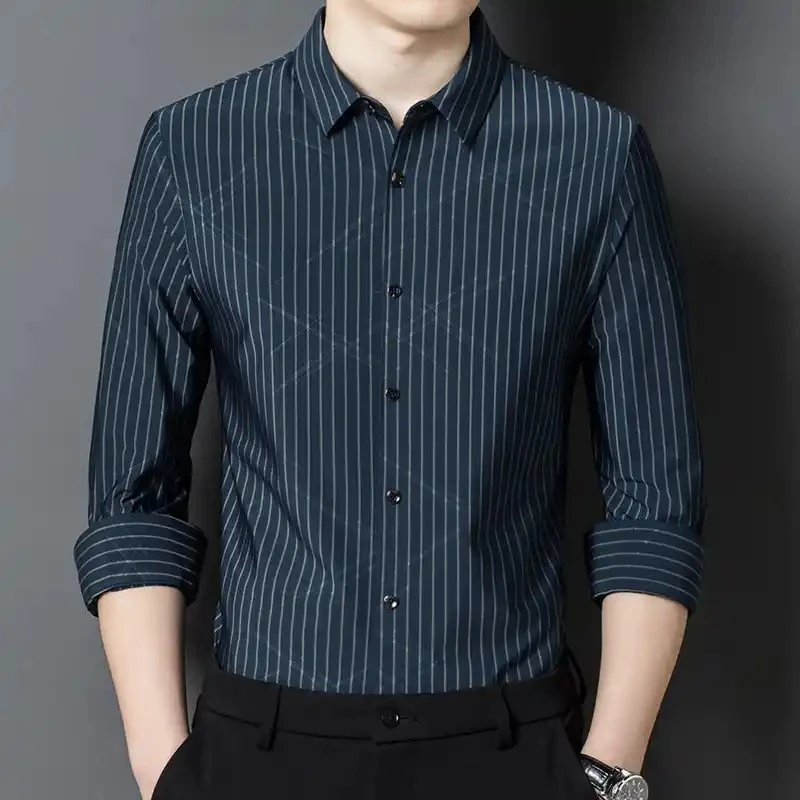 A201男士加绒格子衬衫男长袖时尚加厚保暖秋冬高档休闲中年条纹