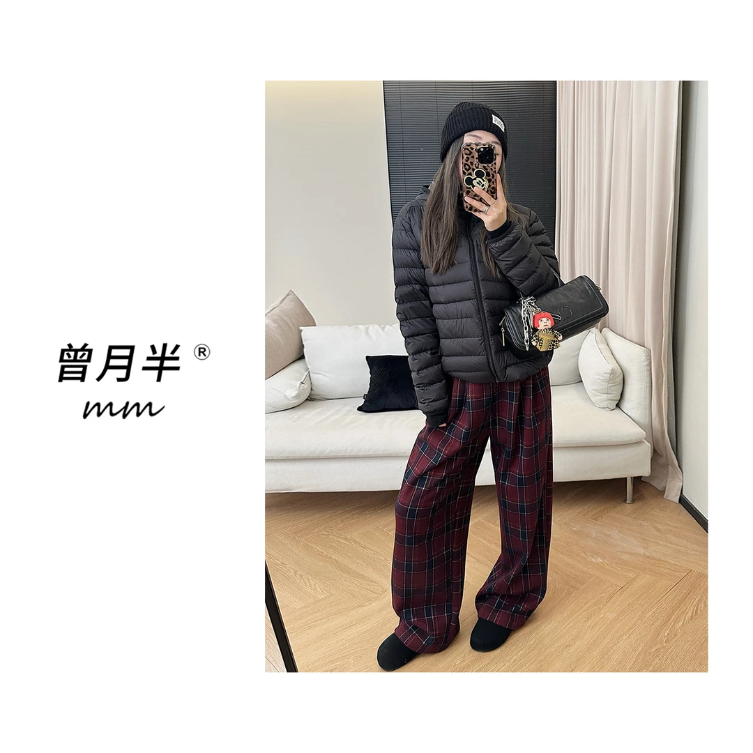 曾月半mm清仓《格格巫》年末氛围格纹撞色加绒加厚直筒阔腿裤！zk294