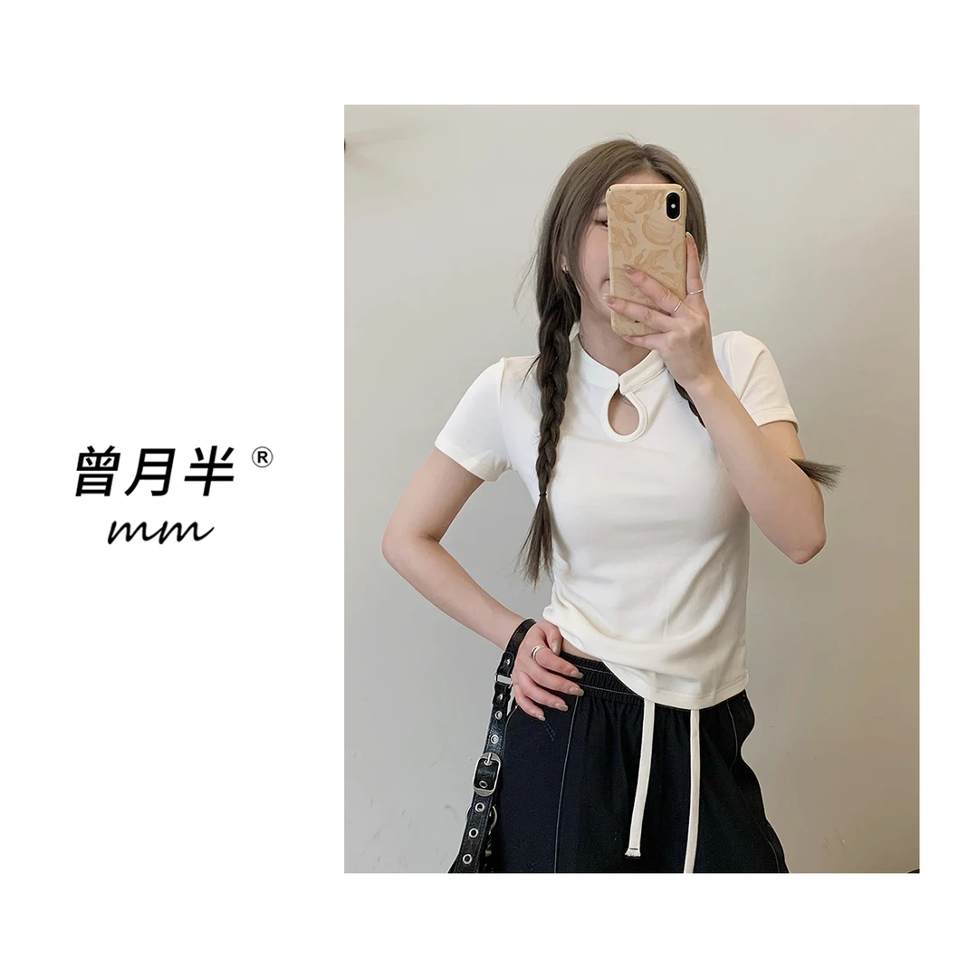 曾月半mm清仓！《禅意短袖》新中式镂空一粒扣弹力修身T恤！ZS626