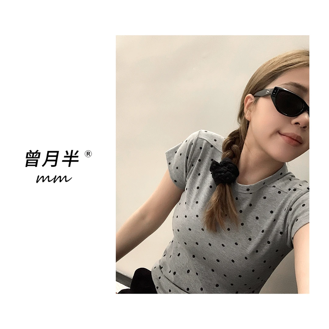 曾月半mm清仓《心动波点》miu风波点圆领正肩波点短袖T！ZS570