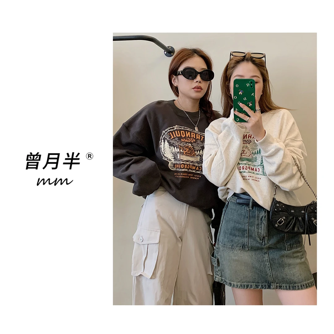 曾月半mm清仓《小熊卫衣》美式校园复古印花圆领套头卫衣!ZS302