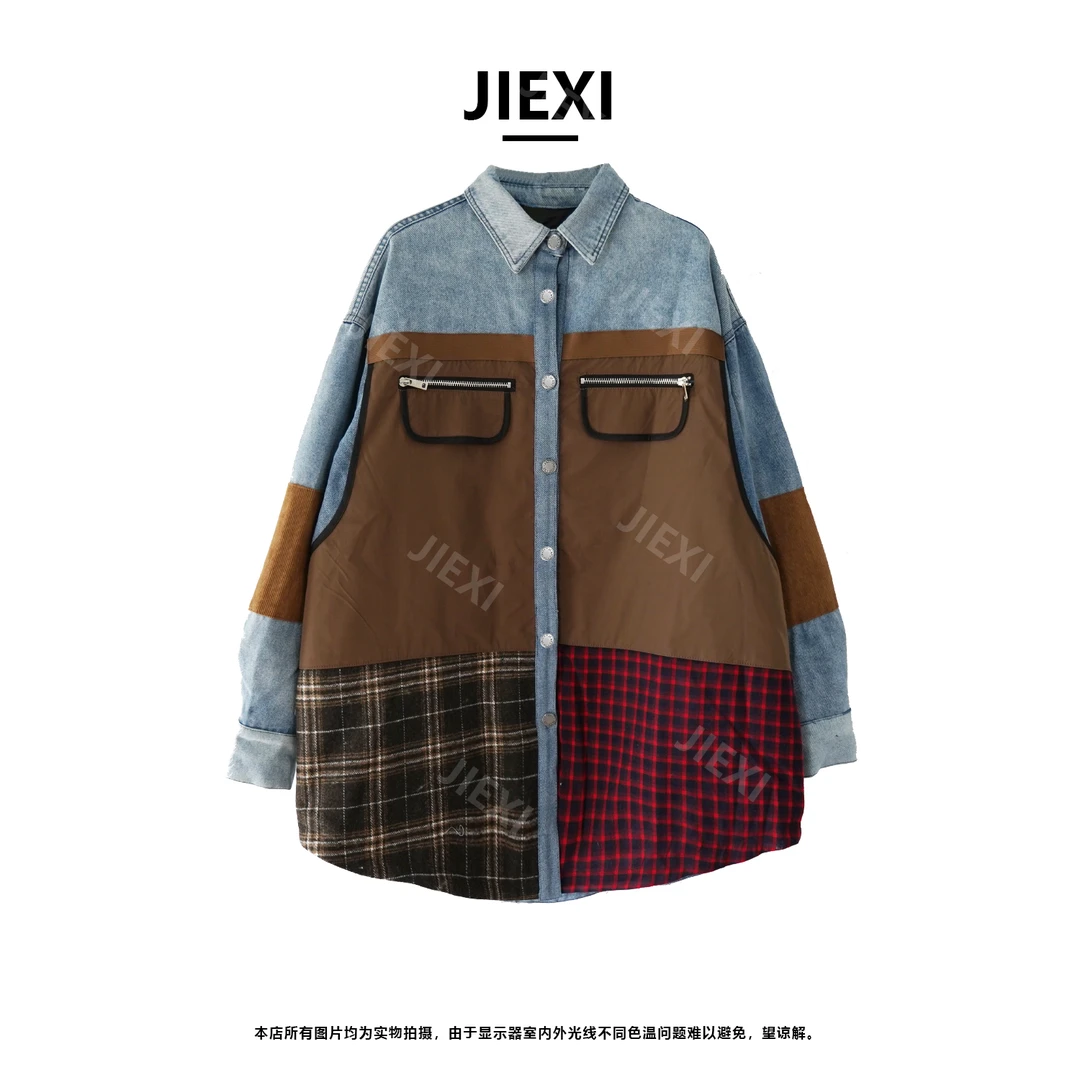 JIEXI显瘦大版型潮酷重工宽松牛仔拼色拼格子羽绒衬衫外套jx603