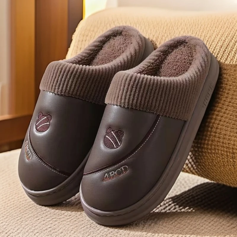 高端男士男款厚底PU皮面防水男士棉拖鞋爆款2025棉拖鞋男士