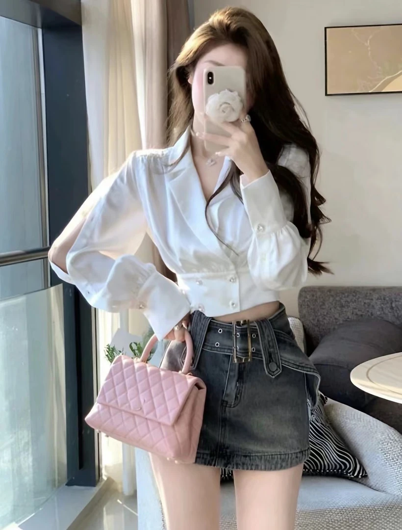 辣妹纯欲网红高级衬衫时尚套装