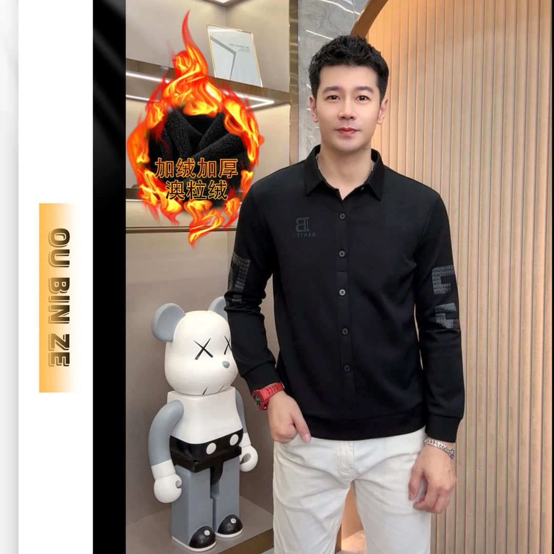 欧彬泽【梵克拉】长袖衬衫翻领秋冬男装T恤时尚修身商务轻奢M5179