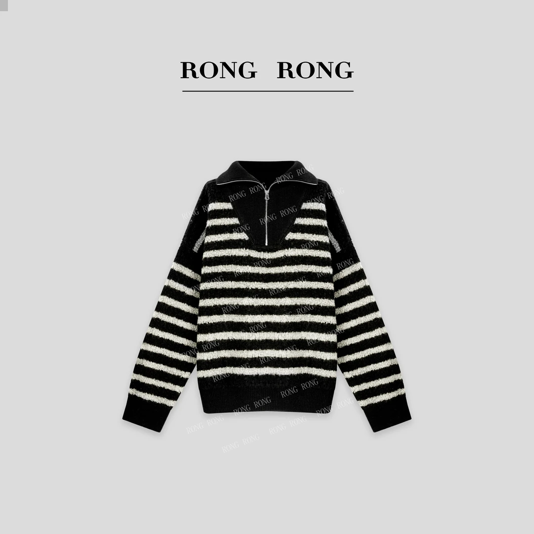 溶溶【漫诗条序】RONGRONG100绵羊毛高领半拉链条纹毛衣GD781Q62696