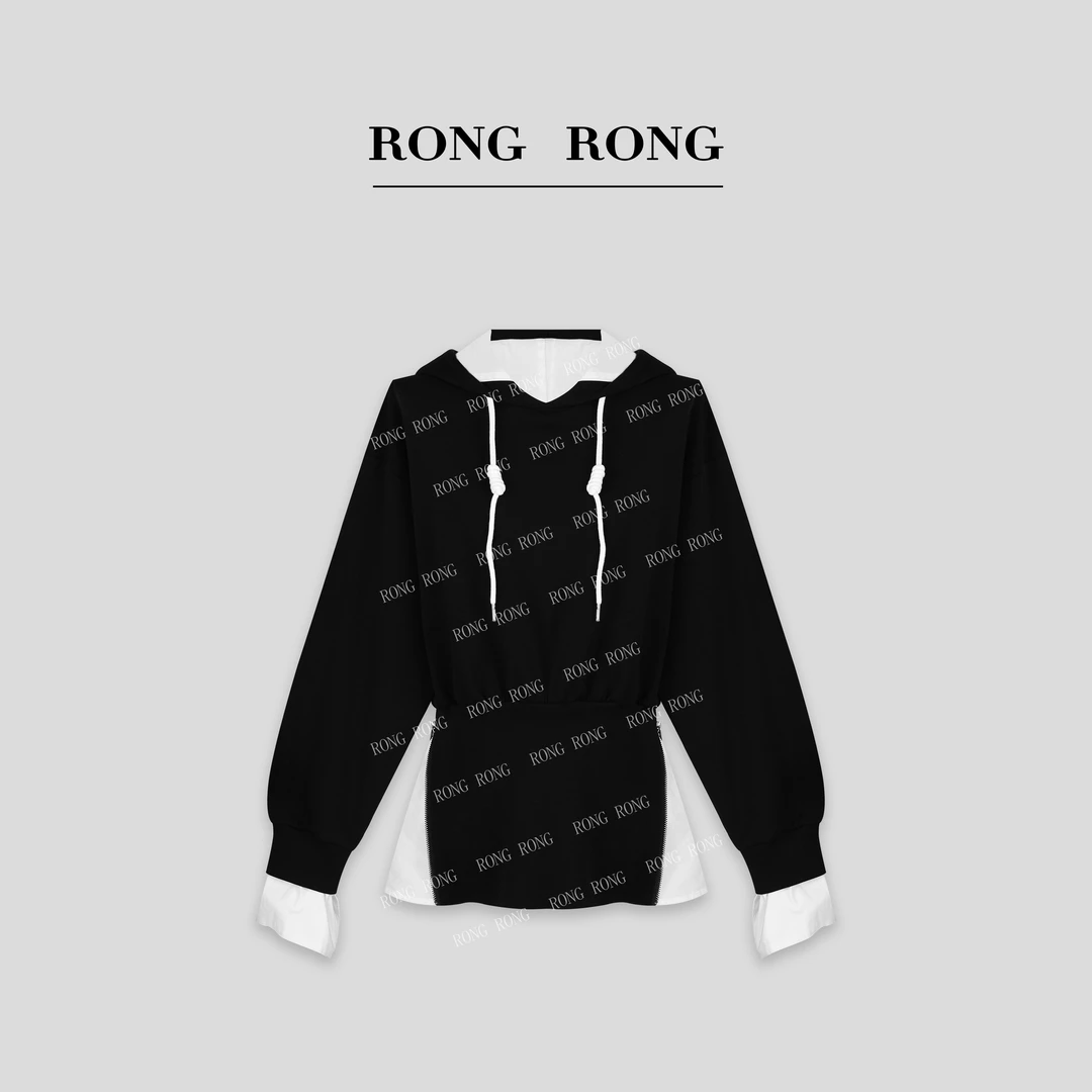 溶溶【云墨述梦】RONGRONG 拼接撞色收腰慵懒休闲连帽卫衣 24335