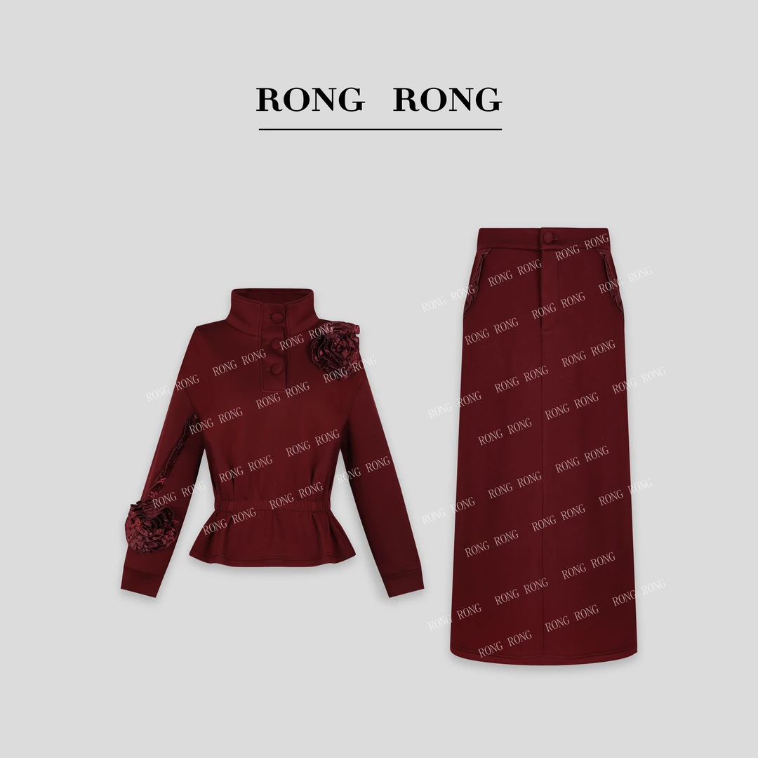 溶溶【玫瑰庄园】RONG 法式立领立体花形收腰显瘦卫衣套装C-A208137