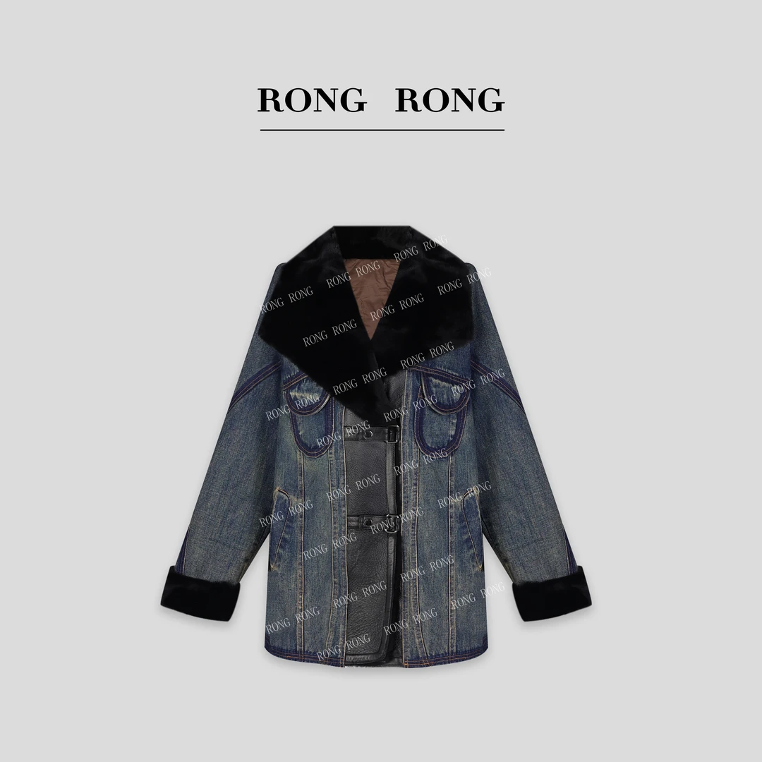 溶溶【海岛丹宁】RONGRONG 90白鹅绒羊毛皮毛一体牛仔羽绒服80191