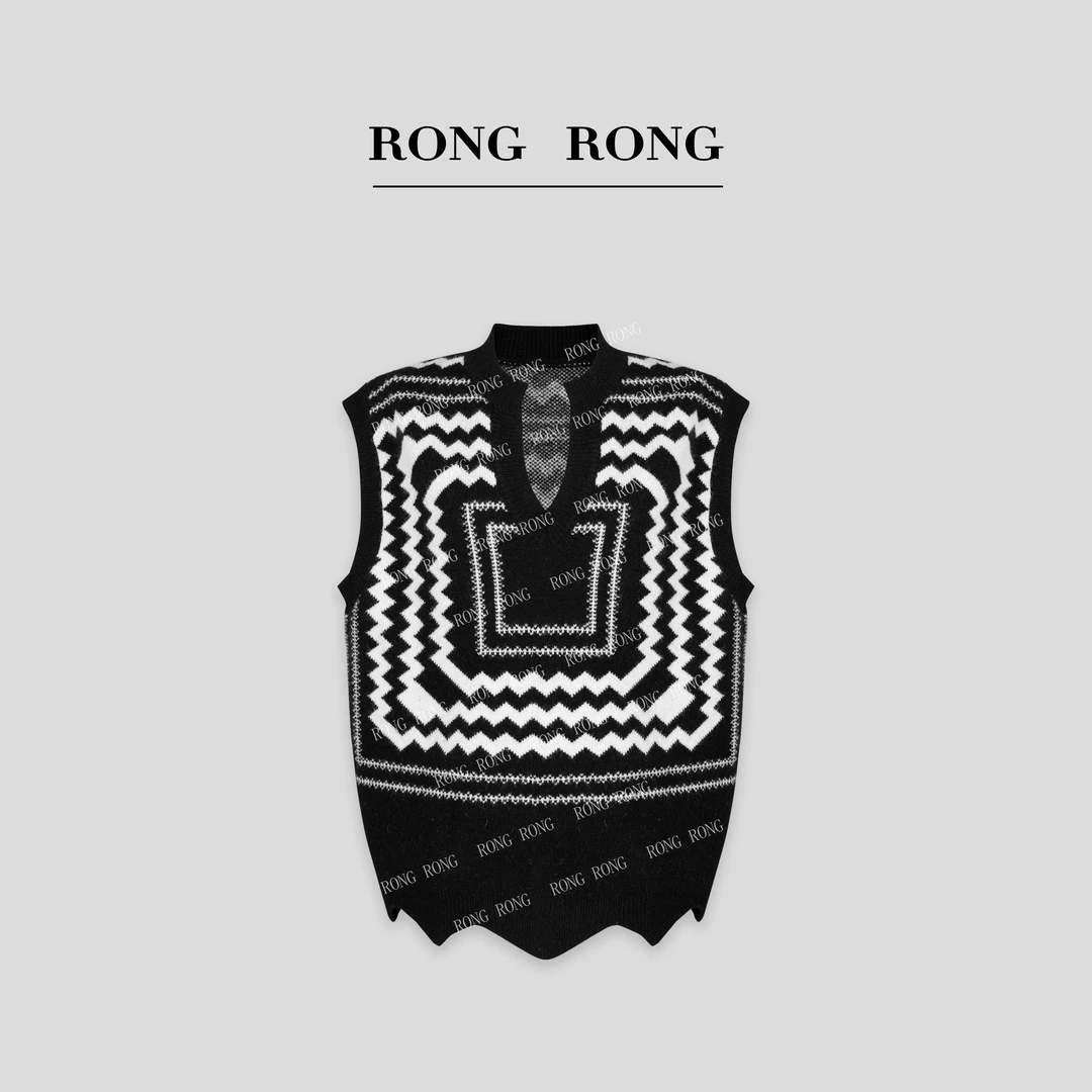 溶溶【几何幻墨】RONGRONG  V领撞色艺术提花舒适百搭马甲毛衣 5516