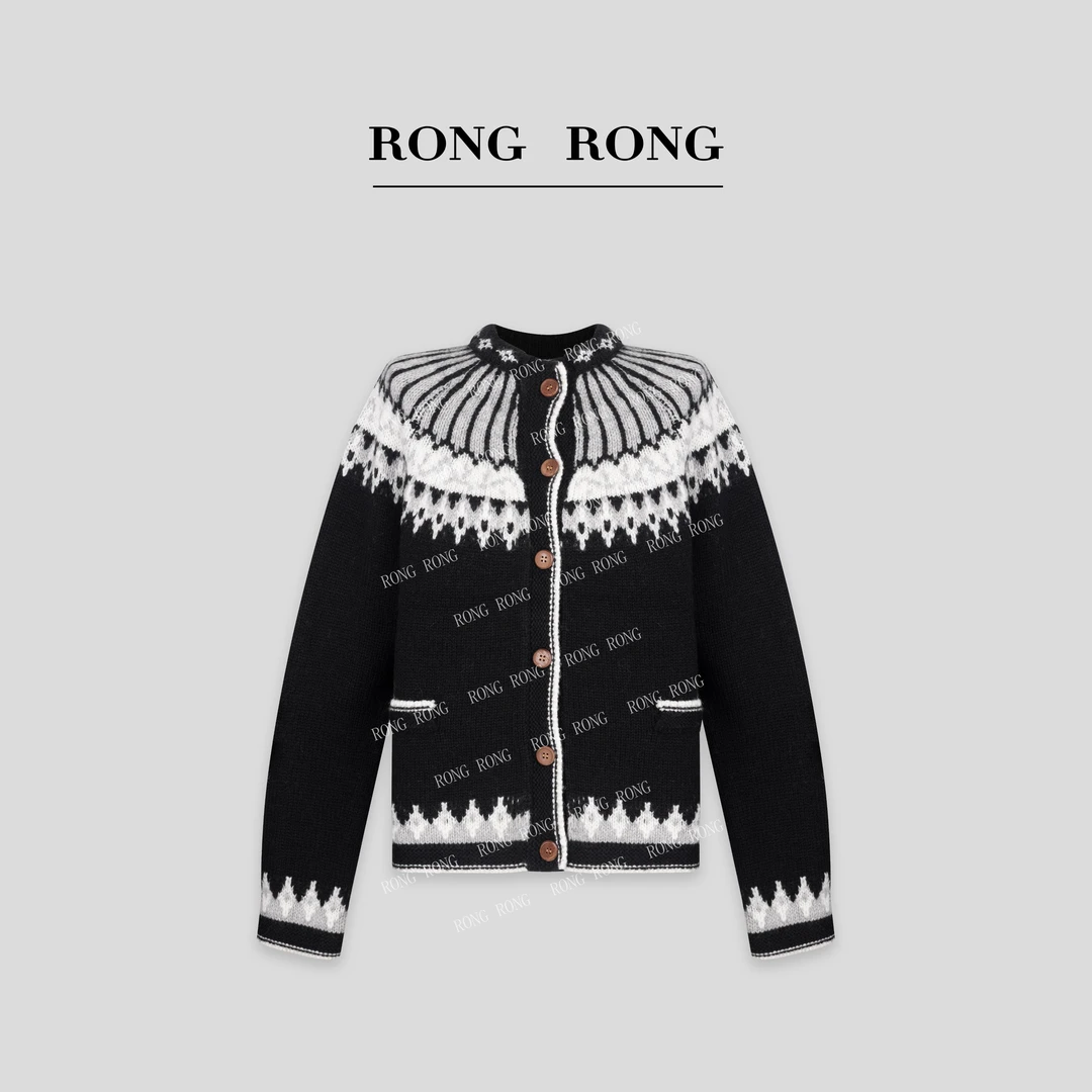 溶溶【费尔岛】RONGRONG 100绵羊毛圆领黑白撞色提花开衫RR825