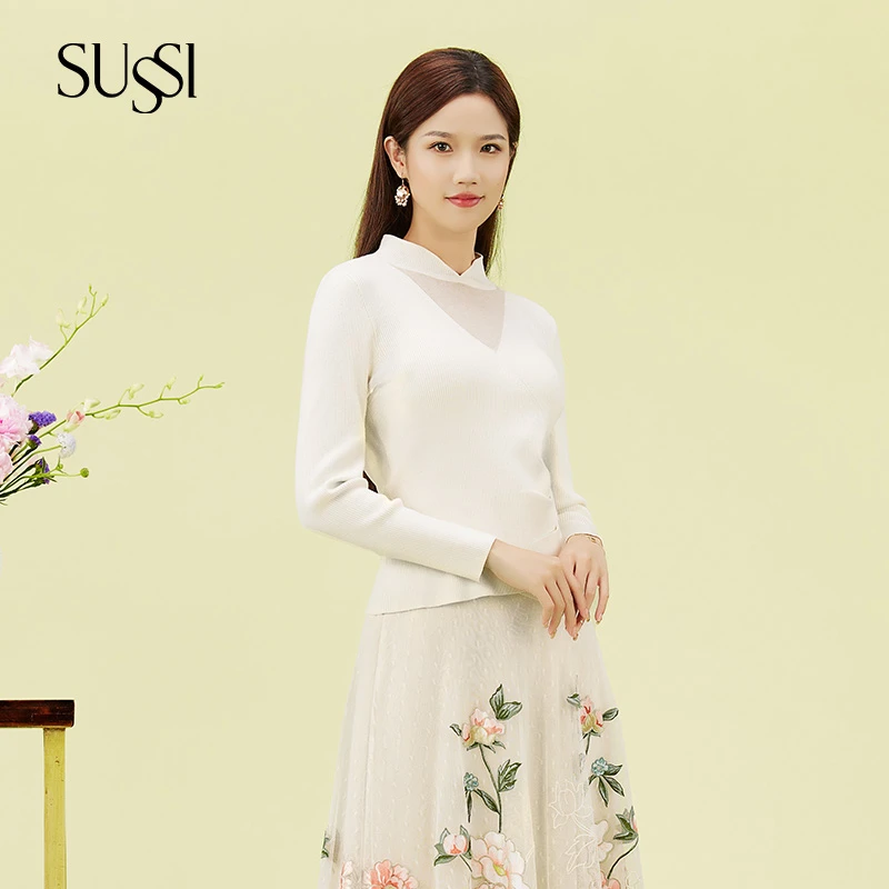 SUSSI/古色24秋冬商场同款白色立领百搭修身羊毛针织衫女