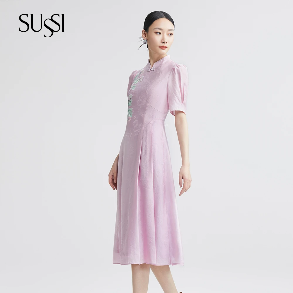 SUSSI/古色24夏商场同款风信紫法式宫廷风收腰连衣裙女装