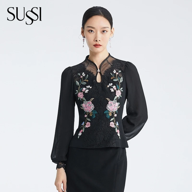 SUSSI/古色24秋季新品商场同款黑色蕾丝刺绣百搭款经典收腰上衣女