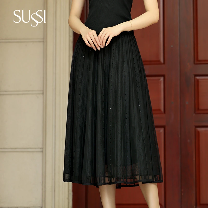 SUSSI/古色23秋商场黑色网纱高腰钉珠松紧半身裙A字裙女