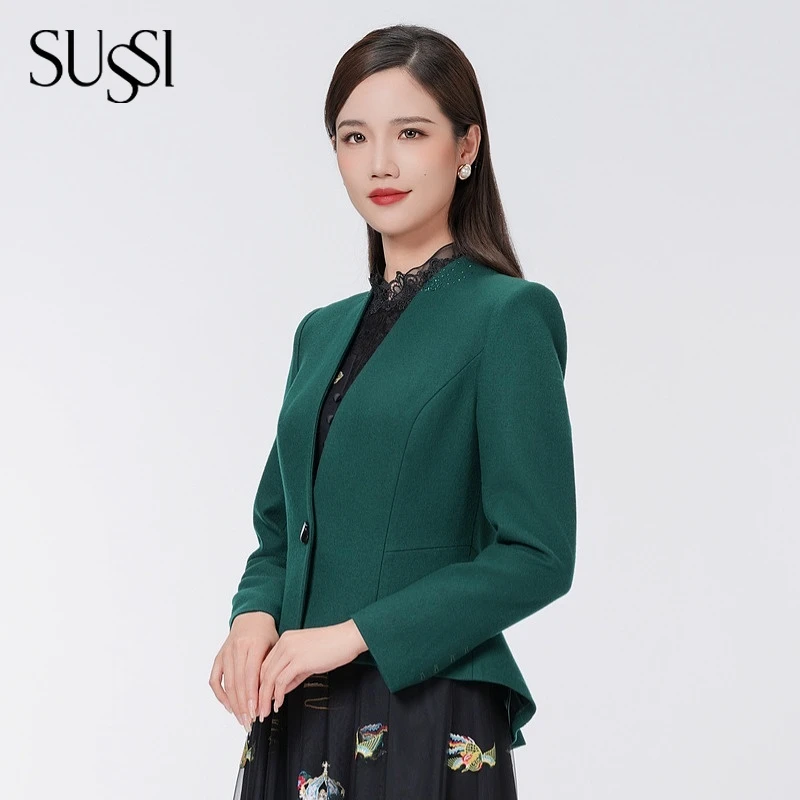 SUSSI/古色24秋季新品深海绿百搭款上午通勤收腰羊毛短款外套女子