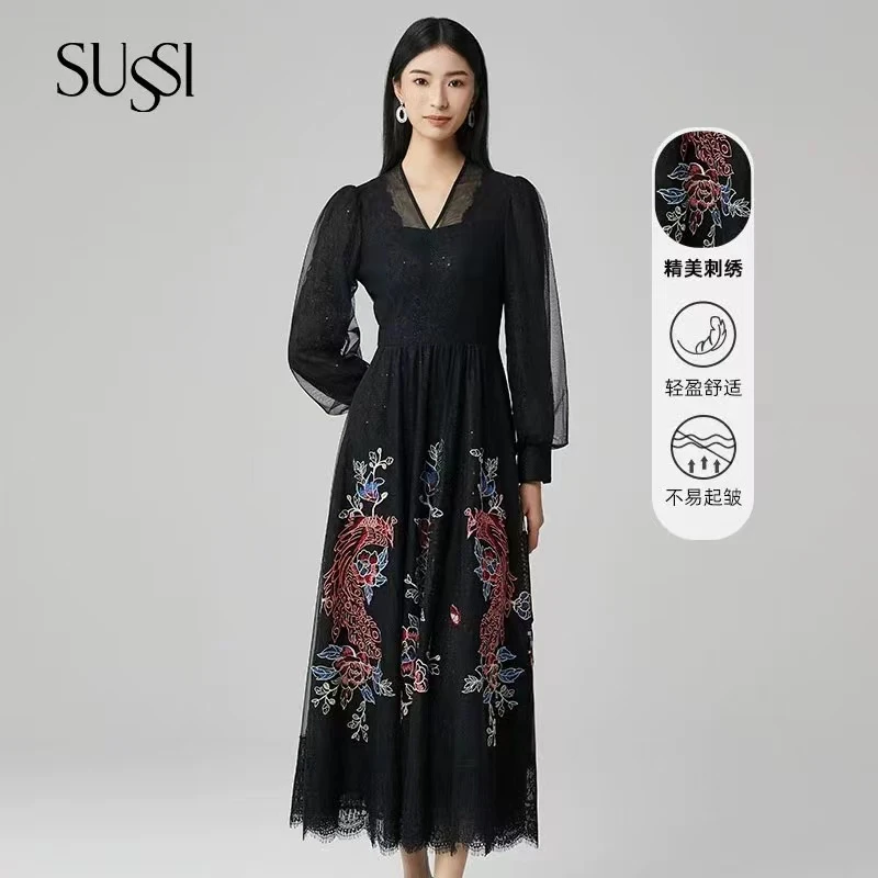 【凤凰飞天】SUSSI/古色24春商场黑色立领灯笼袖网纱刺绣连衣裙女